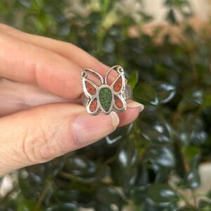 Vintage Native American Sterling Silver Ring with Turquoise and Coral Inlay